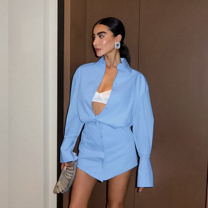2025 Spring and summer fresh blue loose lapel shirt sleeve hip wrap slim dress New  fashion pencil skirt women