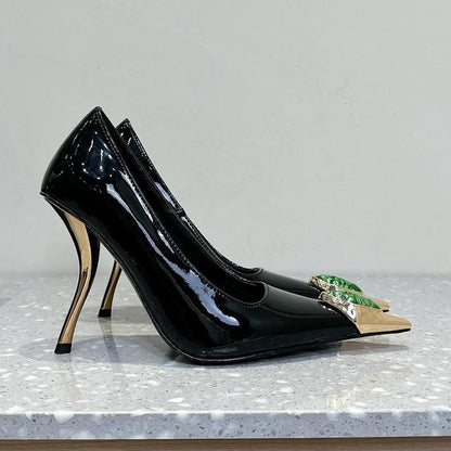 2025  Poplar forest same style royal sister high heels women's thin heels 2025 early spring metal small square head sexy gemstone beautiful single shoes