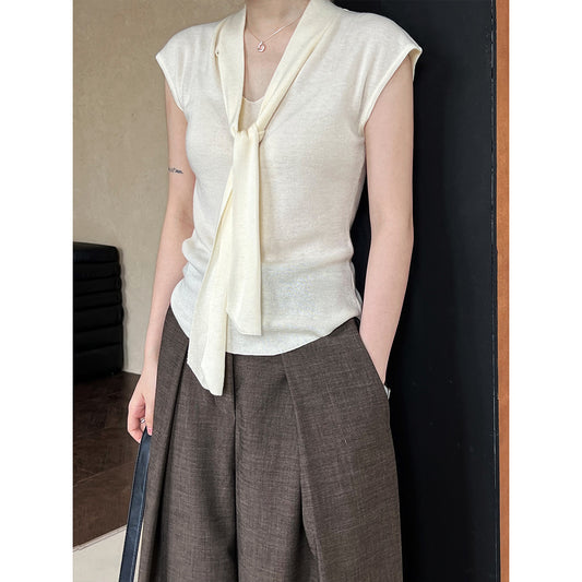 Luxi, Korean version of the design with shawl V-neck short-sleeved T-shirt knitted sweater women's popular autumn shirt top ss552