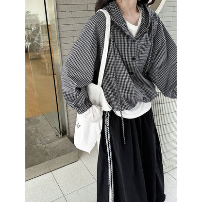 Luxi, Korean retro hooded plaid shirt women's spring new casual loose lazy versatile coat 3530