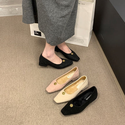 2025  Gentle velvet thick heel single shoes autumn and winter new camellia temperament square head commuting ladyshoes