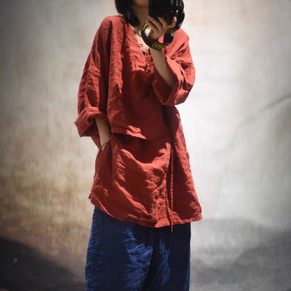 2025  25/4 Mulberry field, sand washed linen retro placket buckled medium robe