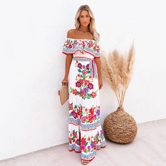 2023  New New Popularan, 2025n Spring and Summer Shoulder Safflower Printing Long Pendulum Dress Women