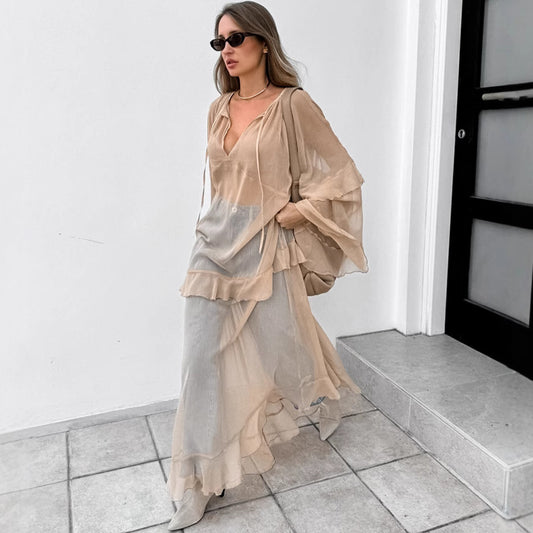 2025 Khaki autumn and winter new bat sleeve dress   fashion New wholesale sunscreen blouse long dress women