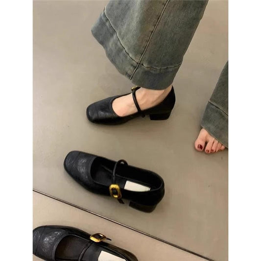 2025  Xiaoxiangfeng high sense word with commuting single shoes women's spring and autumn grandma shoes Doudou shoes ladyshoes thick heel