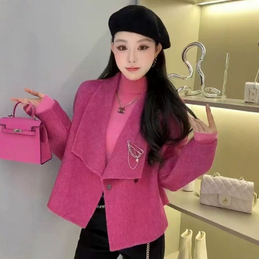 2025 Mulberry silk rabbit hair wool suit collar shoulder sleeve single-breasted double-sided wool coat woolen jacket to keep warm in autumn and winter