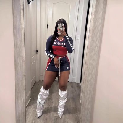 popular autumn new  New slim-fit fashion printing contrasting colors Spice Girl long-sleeved top lace-up short skirt set