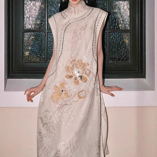 2025 Customized  spring and summer new Chinese style light luxury stand-up collar embroidered sleeveless sequins loose vest dress set