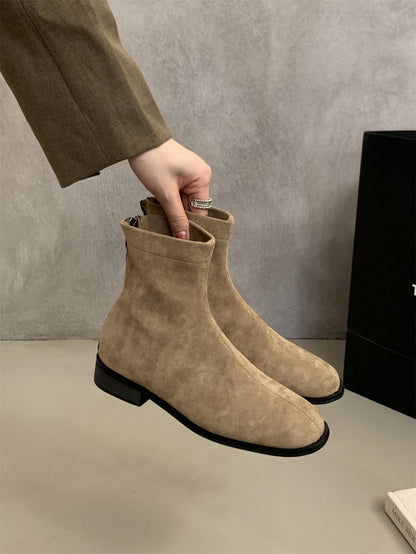 2025  thick heel suede square head thin boots women's boots popular new short boots spring and autumn single boots thin and ankle boots