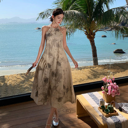 2025 Design sense woven neck dress women's summer seaside wear with backless beach skirt new Chinese ink suspender skirt fairy