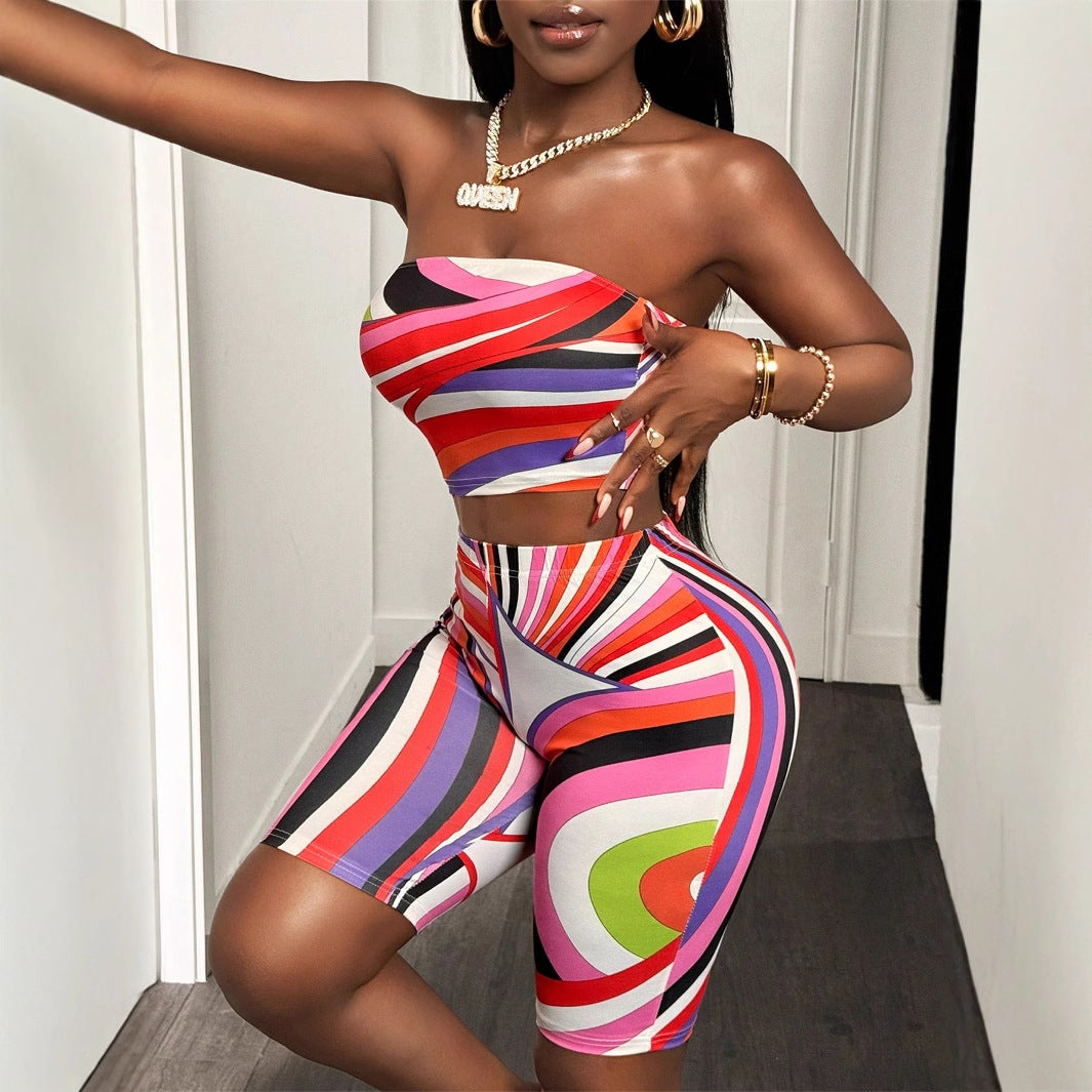 summer  Popular trade New fashion contrasting color printing sexy tube top sleeveless top hip-wrapped short suit