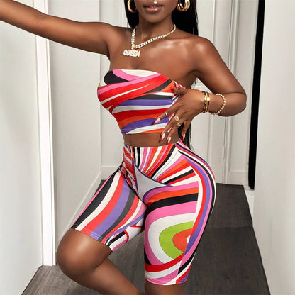 summer  Popular trade New fashion contrasting color printing sexy tube top sleeveless top hip-wrapped short suit