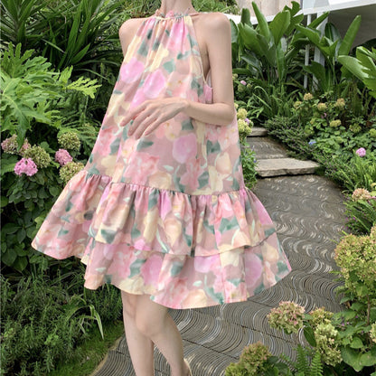 2025 neck dress, small floral cake skirt, bow-tie tutu skirt, women's summer seaside vacation style