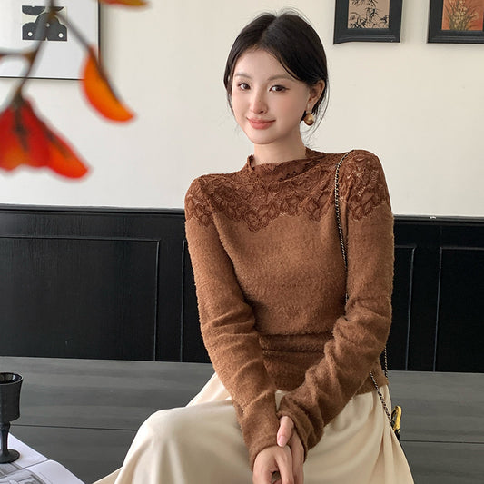 2025 popular autumn and winter new temperament round neck lace polished bottoming shirt women's versatile top tide 89129