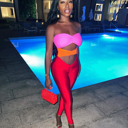 2025 popular tight sexy contrasting color hollow jumpsuit autumn hot-selling fashion tube top backless leggings women