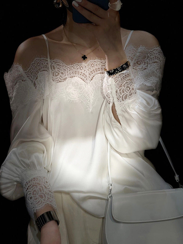 2025 early spring new design sense niche casual fashion temperament one-word collar lace splicing silk shirt women