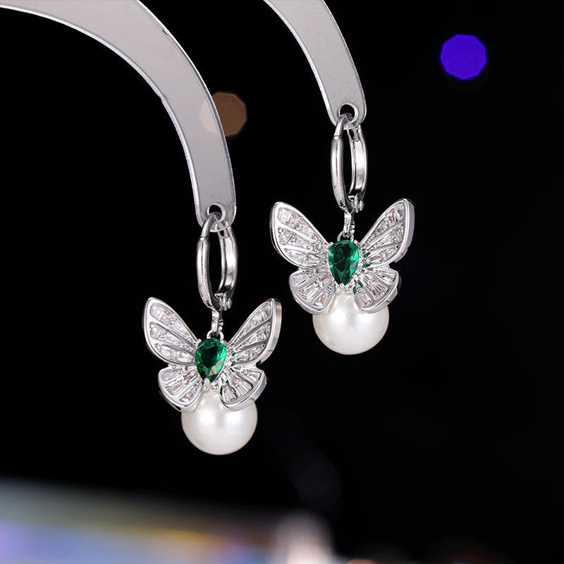 2025 fashion light luxury retro earrings slightly inlaid zircon personality versatile high-end earrings female butterfly pearl ear buckle