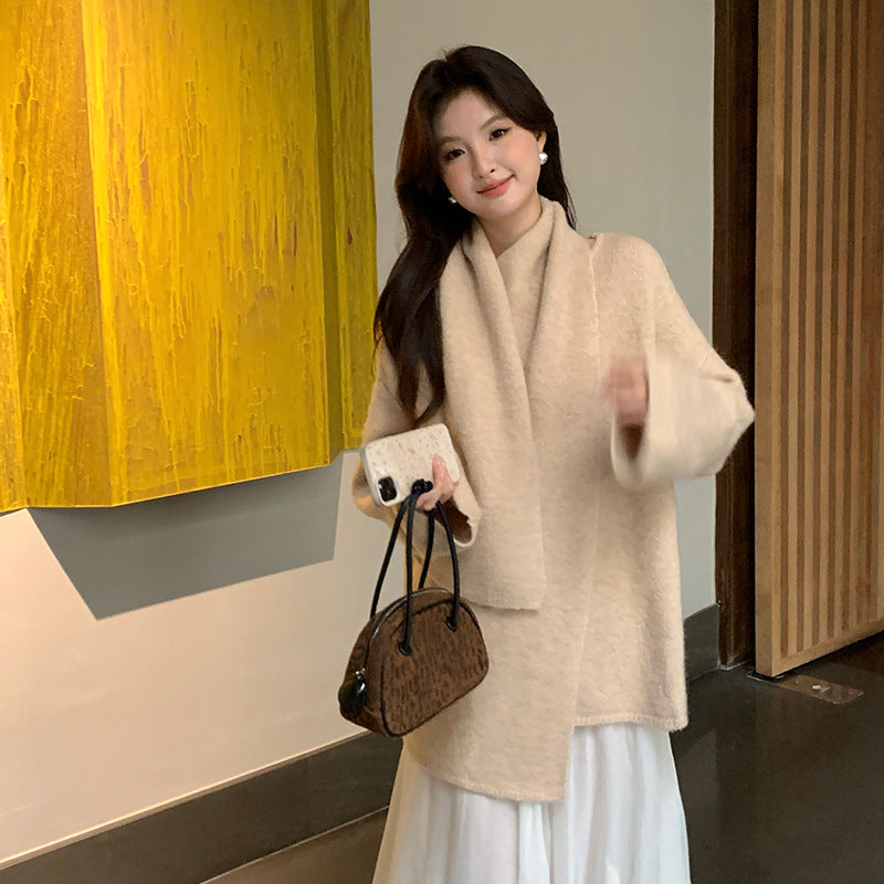2025 Thirteen Lines Autumn and Winter New Temperament Wool Long Scarf Knitted Sweater Versatile Top Women 25154