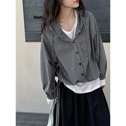 Luxi, Korean retro hooded plaid shirt women's spring new casual loose lazy versatile coat 3530