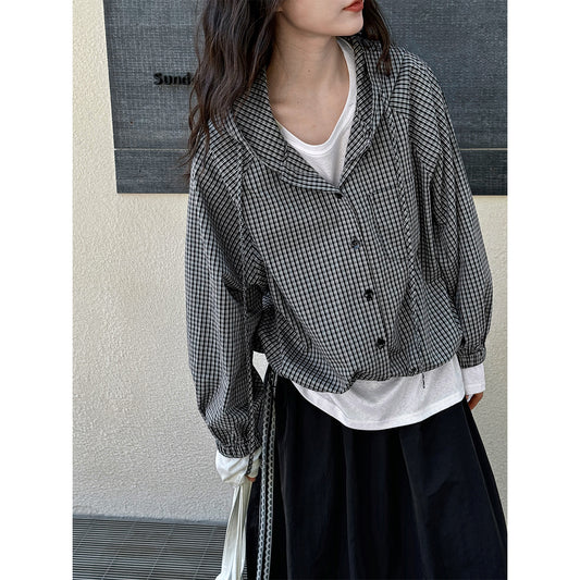 Luxi, Korean retro hooded plaid shirt women's spring new casual loose lazy versatile coat 3530