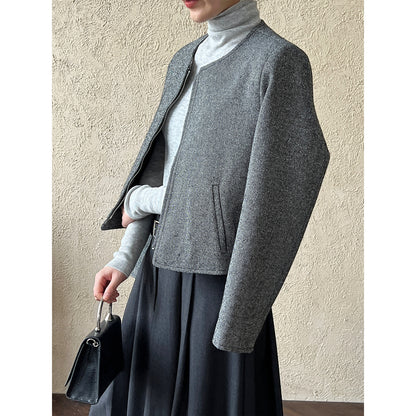 Luxi Korean wool woolen round neck small fragrant short coat women's popular autumn new zipper jacket top 8698