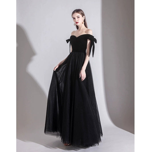 2025 One-word shoulder black evening dress, high-end sense, light luxury, niche banquet host, art test dress, temperament, celebrity dress