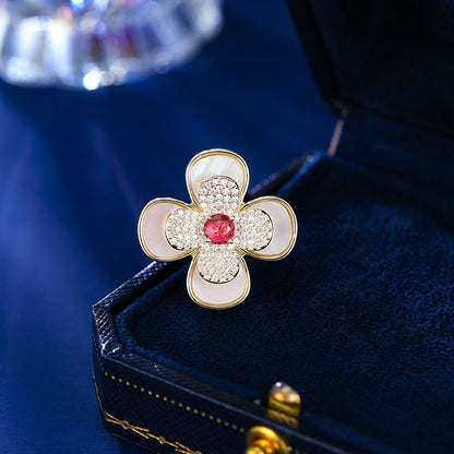 2025 popular New Product Delicate Diamond-set Four-petal Flower Pin Gold-plated Natural Fritillary Brooch Multifunctional Fixed Suit Collar Pin