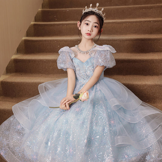 Xiangtuibao Sweet Children's Host's Dress Girls' Summer Blue Puff Sleeve Princess Piano Performance Costume