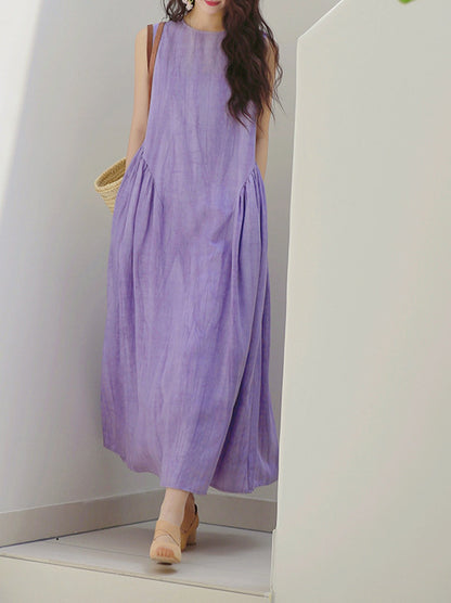 2025 summer new fried silk and hemp round neck sleeveless big pendulum long sleeveless dress vest skirt