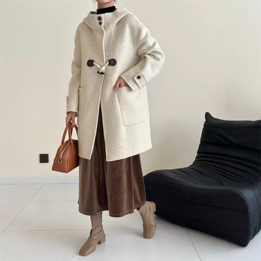 2025 Hooded single-row two-grain horn buckle shoulder sleeves solid color wool double-sided cashmere coat woolen jacket versatile autumn and winter