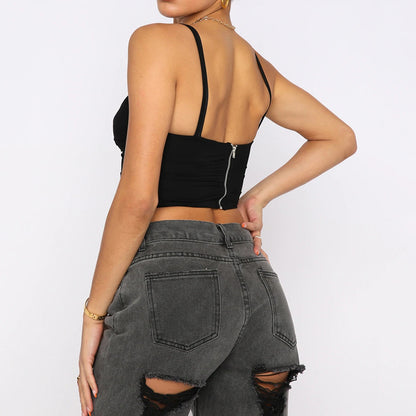 2025 Cross-border new beauty back small suspender vest women's  summer women's clothing sexy V-neck low-cut waist T-shirt outer wear