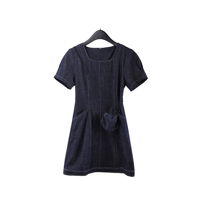 2025 THE MIND square collar with bag denim dress 2025 summer new Korean casual mid-skirt A-shaped skirt 006AX