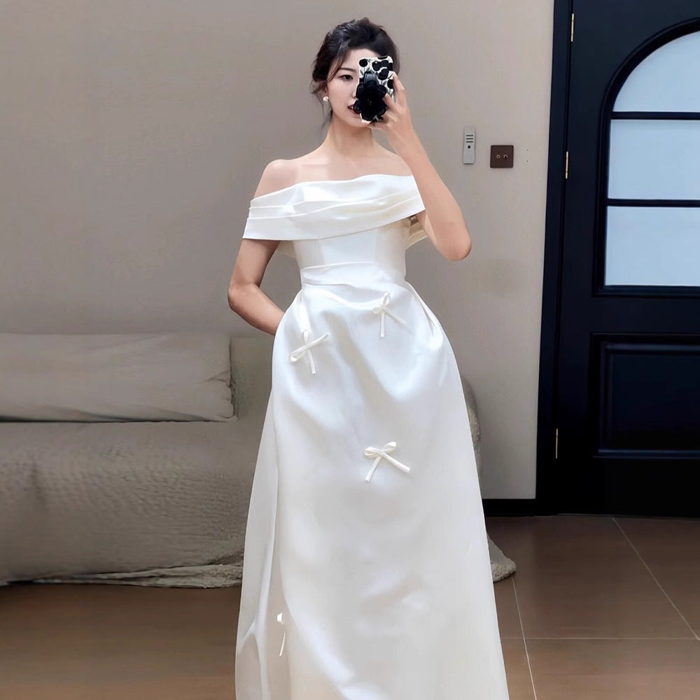 2025 satin light wedding dress bride engagement certificate registration one-word shoulder dress simple daily bow small white dress