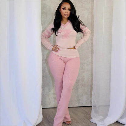 new New Popular trade color contrast fashion versatile V-neck solid color knitted casual long-sleeved top trousers set