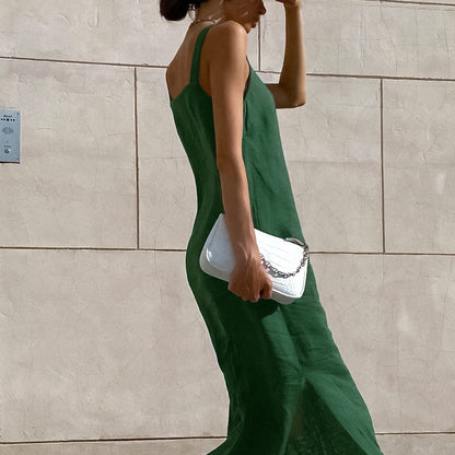 2025 popular new  long dress cotton and linen sleeveless dress women's summer sexy green slit straight suspender skirt