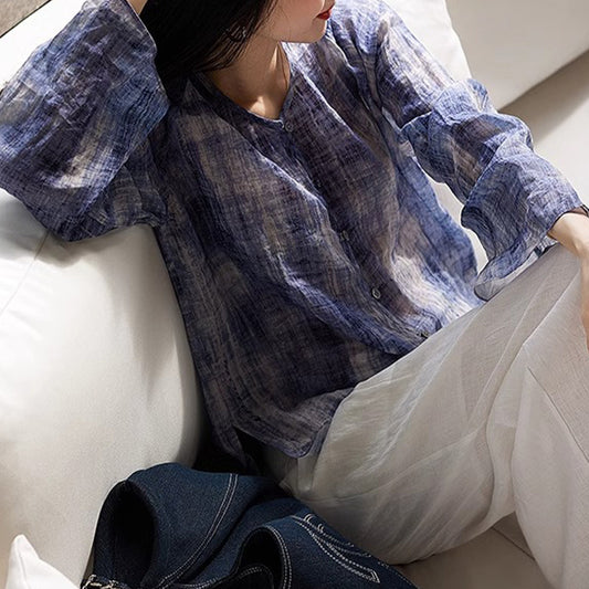2025 100% ramie smudged small lining new Chinese casual shirt  spring and summer printed shirt national style women's top