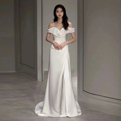 2025 light wedding dress one-word shoulder satin white simple door yarn advanced texture temperament bridal welcome wedding dress