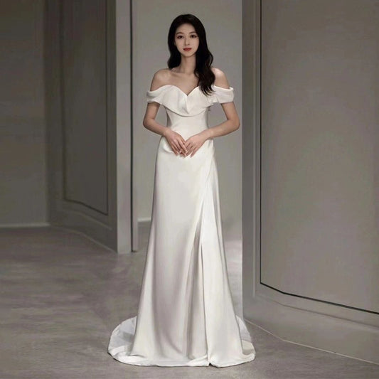 2025 light wedding dress one-word shoulder satin white simple door yarn advanced texture temperament bridal welcome wedding dress
