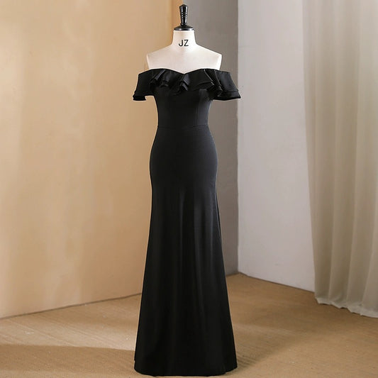 2025 One-word shoulder black piano evening dress  new high-end high-end light luxury niche temperament banquet adult ceremony