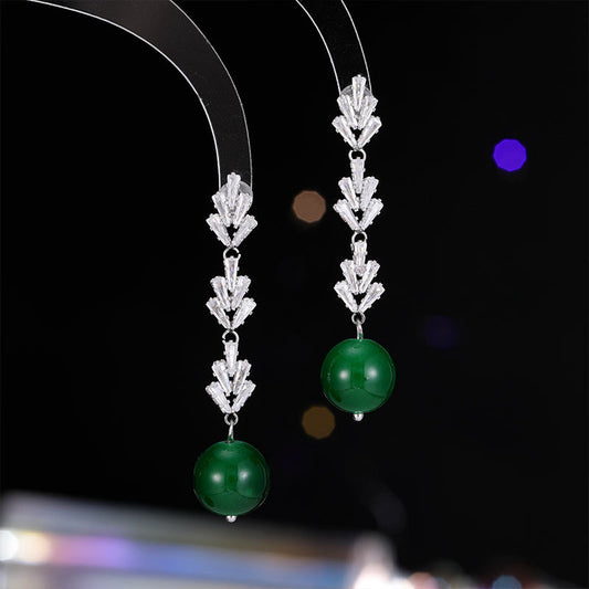 2025 Guofeng new Chinese retro green agate earrings long fringed zircon exquisite high-end light luxury S925 silver needle earrings