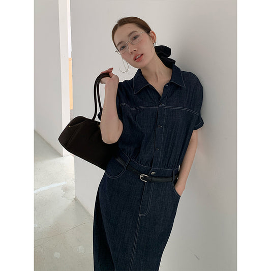 2025 THE MIND Denim Splicing Shirt Dress 2025 Summer New Waist Skinny Long Skirt 030AX
