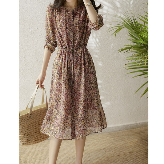 2025 High quality mulberry silk sweet silk floral dress shirt style lace-up drawstring summer  women's skirt