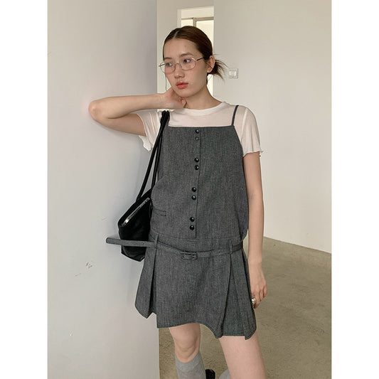2025 TEH MIND Tencel suspender skirt 2025 thirteen lines of summer new Korean version of high waist and thin A-word skirt 013AX
