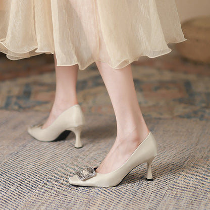2025 3788-8 Square head thin heel rhinestone square buckle shoes women's Korean version light mouth satin shoes solid color commuter high heels women's autumn