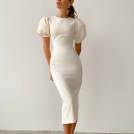 2025 popular  summer new round neck short-sleeved temperament commuting tight high waist bubble sleeve dress women's hip skirt
