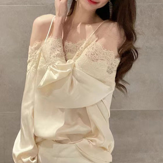 2025 early spring new design sense niche casual fashion temperament one-word collar lace splicing silk shirt women