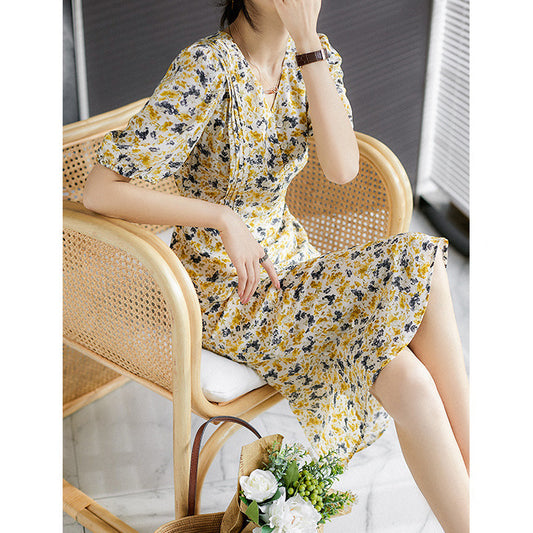 2025 Bubble sleeve silk dress, small fresh floral mulberry silk long skirt  summer new lisianthus skirt