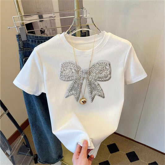 summer new women's clothing New Popular trade fashion casual commuting loose round neck bow printed T-shirt short