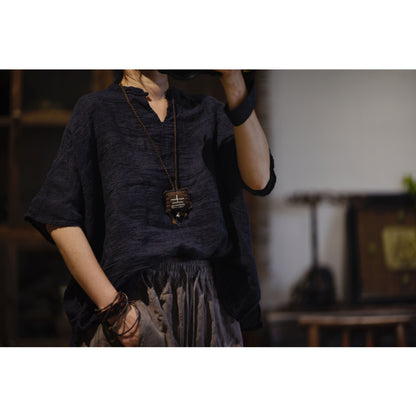 2025  23/6 Movie/Literary and retro texture yarn-dyed linen pullover stand-up collar buckle loose shoulder shirt
