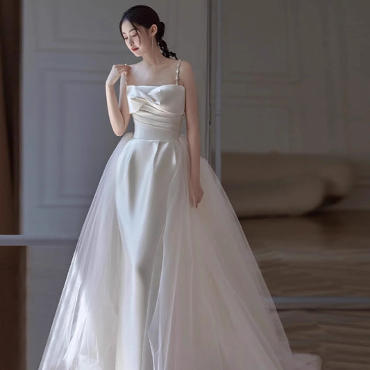 2025 Light wedding dress  new Mori bride simple high-end satin bow suspender collar certificate engagement dress dress